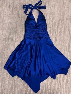 VTG Cache 100% Silk Royal Blue Halter Dress Asymmetric Hem Fairy Y2K Women’s 4
